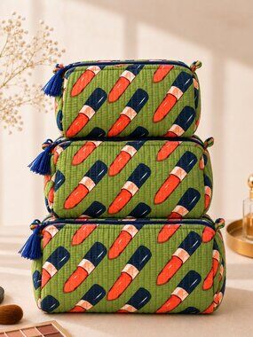 Set of 3 Lipstick Print Quilted Cosmetic Bag Olive Green  Print Toiletry Bag